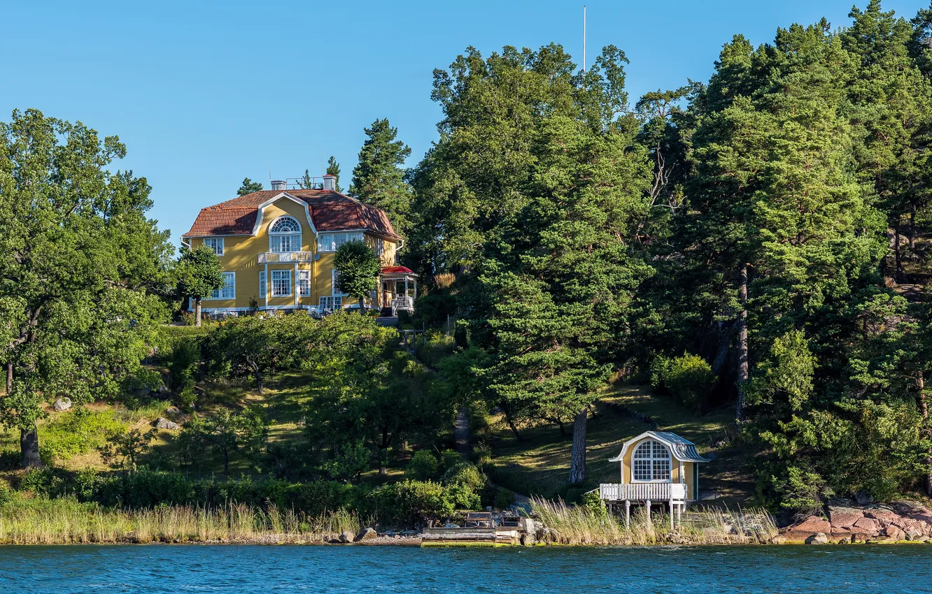 Фото обои лес, деревья, дом, река, берег, Швеция, особняк, Stockholm