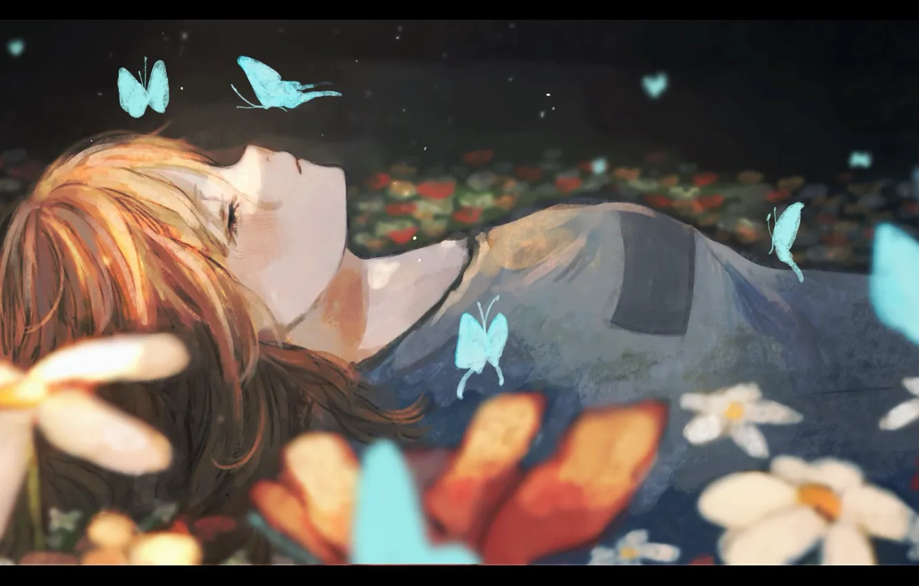 Фото обои девушка, бабочки, цветы, спит