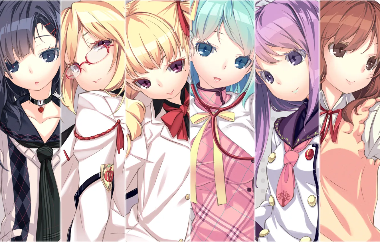 Фото обои девушка, улыбка, очки, галстук, голубые глаза, бант, школьная форма