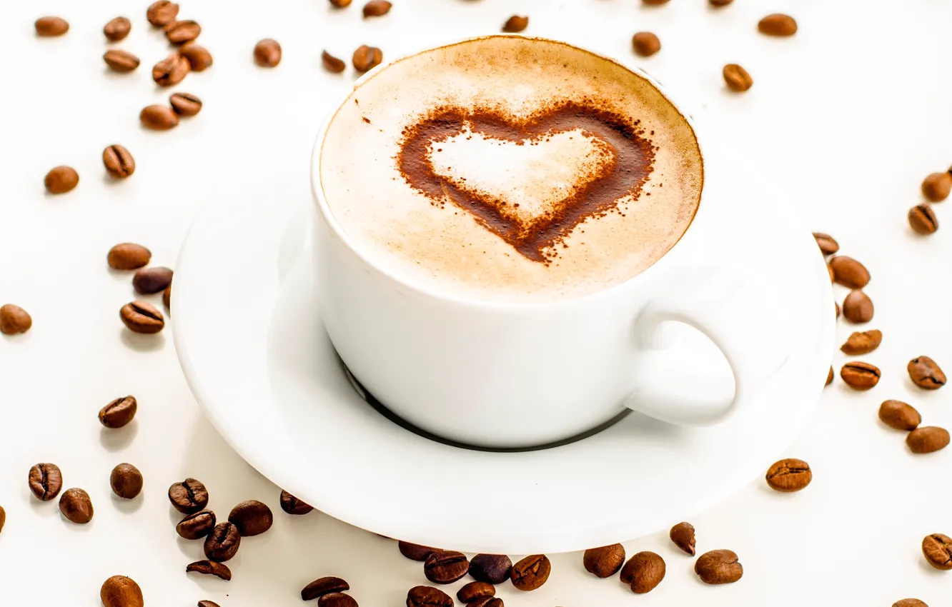 Фото обои пена, сердце, рисунок, кофе, шоколад, зерна, чашка, белая