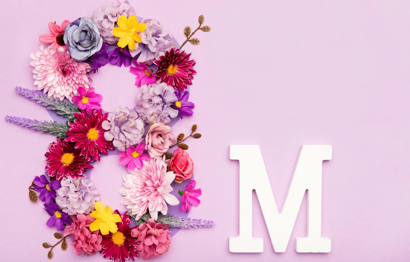Фото обои цветы, цифра, happy, 8 марта, pink, flowers, figure, открытка