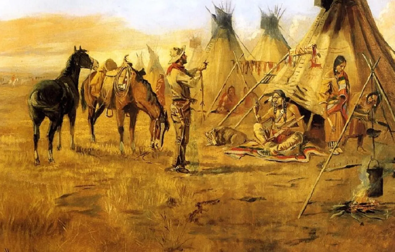 Фото обои картина, живопись, painting, Cowboy bargaining for an indian girl wild