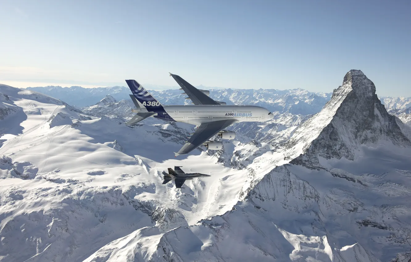 Фото обои Небо, Горы, Самолет, Снег, Лайнер, Полет, Высота, F/A-18