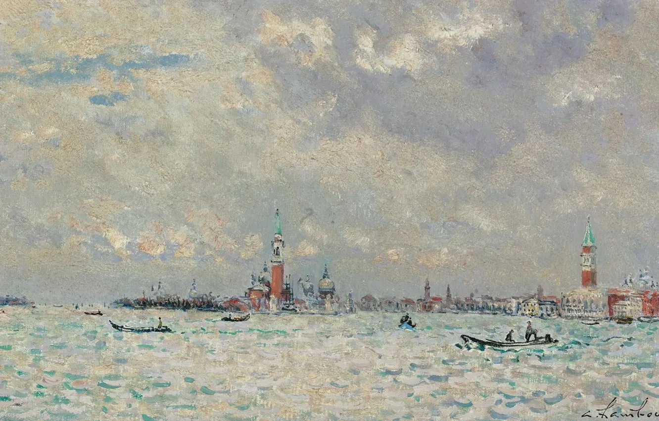 Фото обои море, город, картина, Андре Гамбург, Andre Hambourg, Пасмурная Погода в Венеции