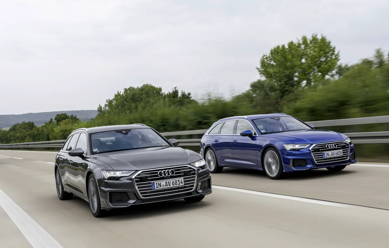Фото обои дорога, синий, Audi, 2018, тёмно-серый, A6 Avant, универсалы