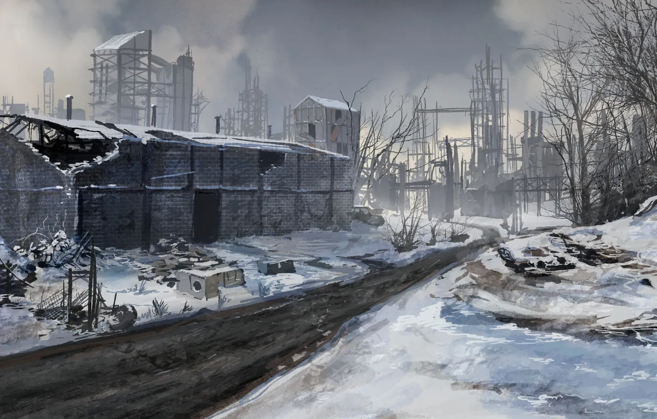 Фото обои зима, дорога, снег, фантастика, здания, арт, руины, постройки