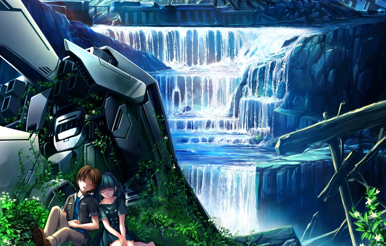Фото обои девушка, природа, робот, водопад, аниме, арт, парень, двое