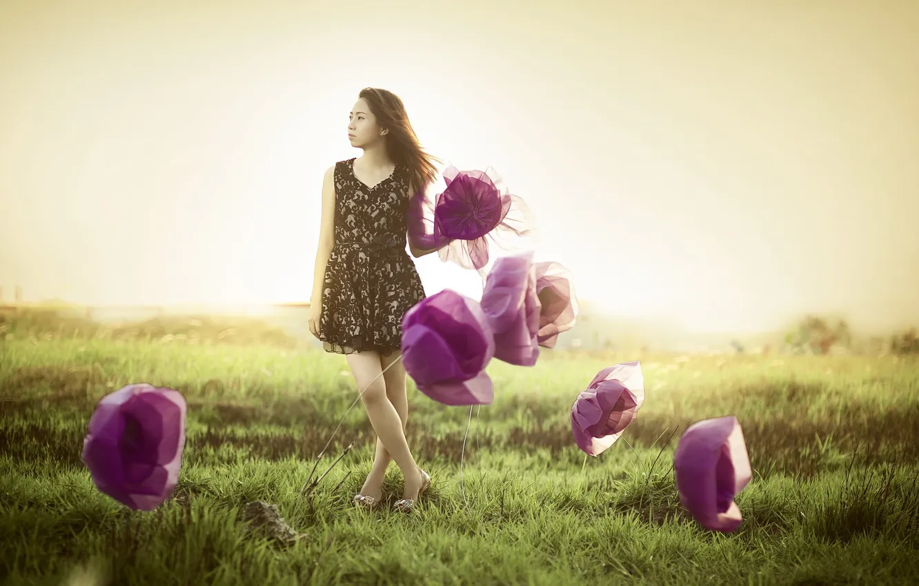 Фото обои взгляд, девушка, цветы, азиатка