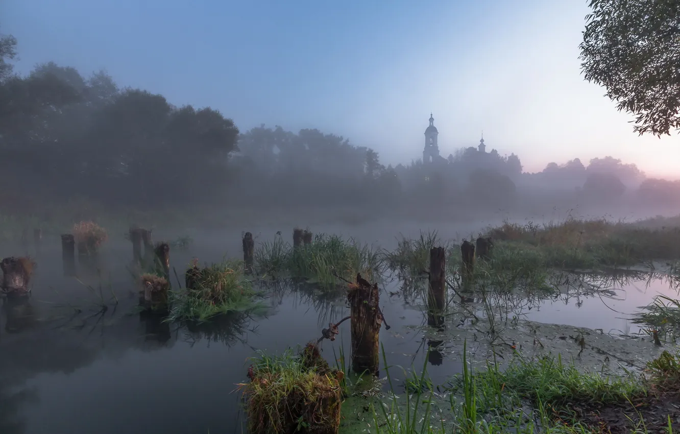 Фото обои осень, туман, храм, провинция