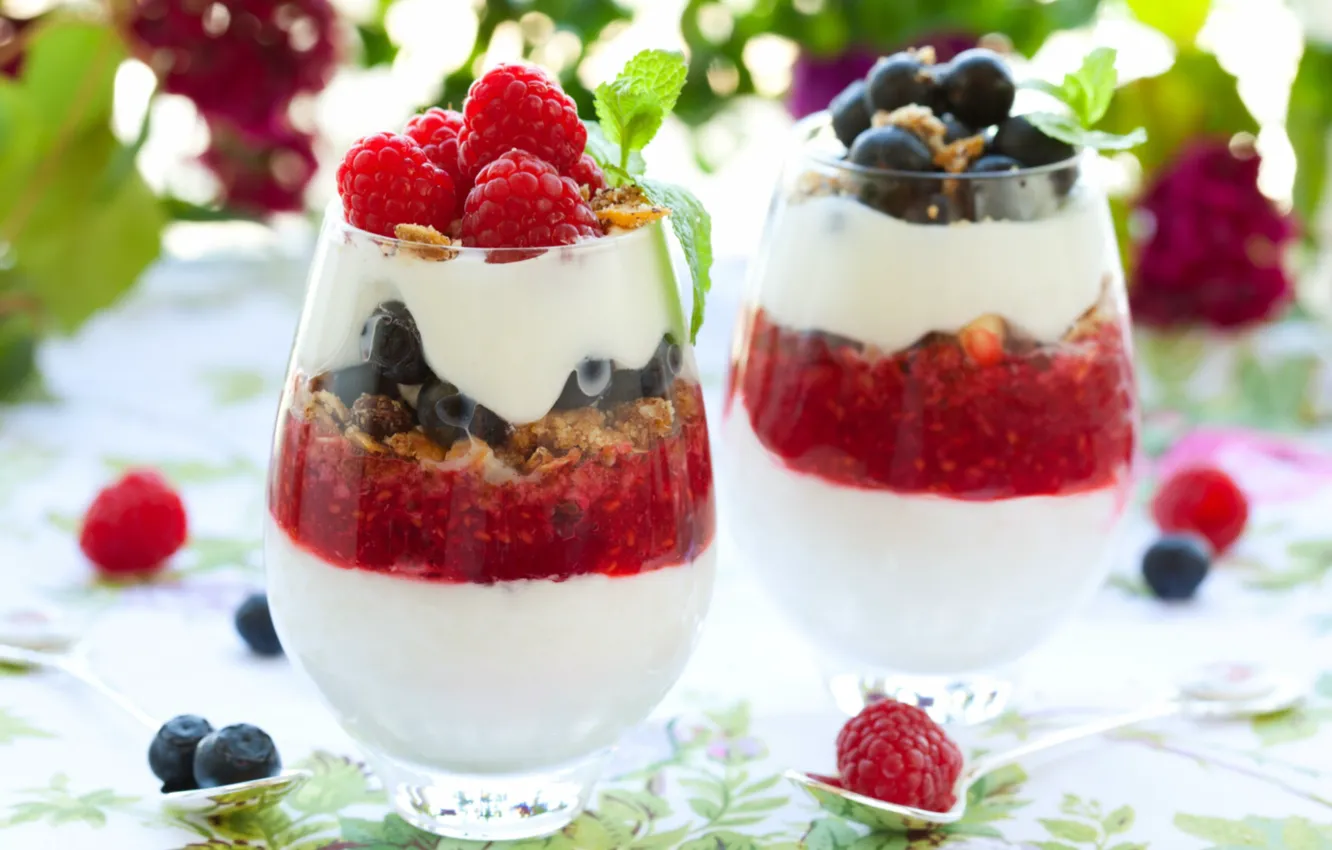 Фото обои ягоды, малина, черника, десерт, йогурт