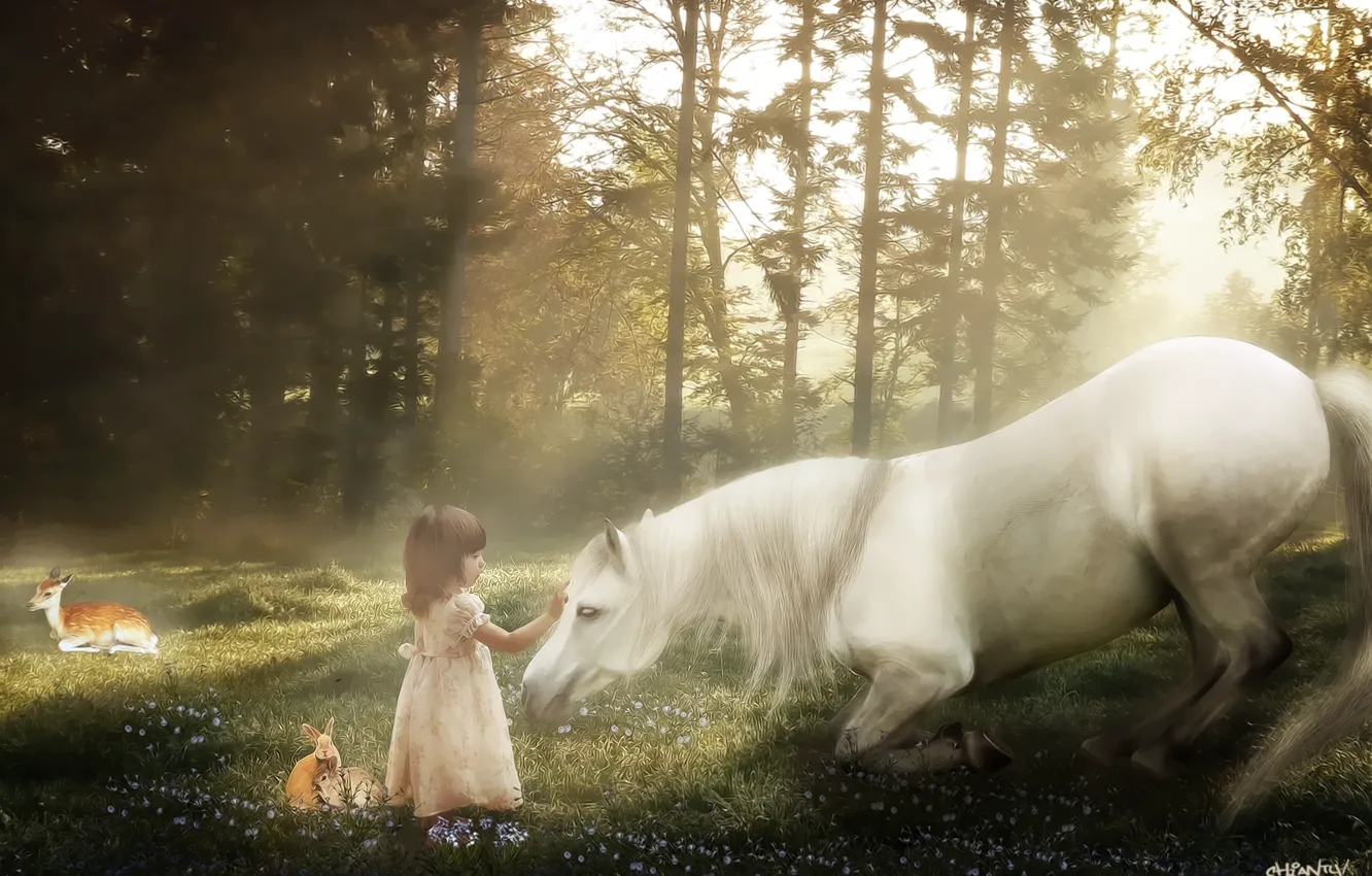 Фото обои природа, дети, лошадь, девочка, кролики, олененок, ретушь