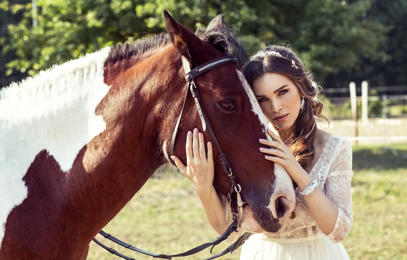 Фото обои лето, девушка, солнце, природа, настроение, лошадь, платье, брюнетка