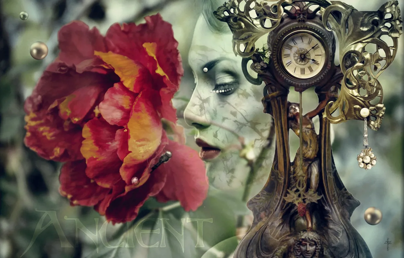 Фото обои девушка, цветы, ресницы, коллаж, часы, арт