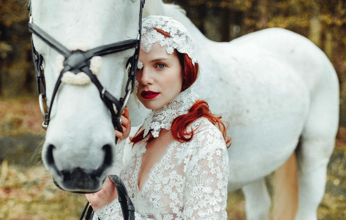Фото обои взгляд, девушка, настроение, конь, рыжая, рыжеволосая, белая лошадь
