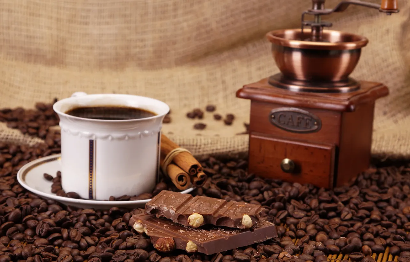 Фото обои кофе, шоколад, зерна, чашка, орехи, корица, сладкое, кофемолка