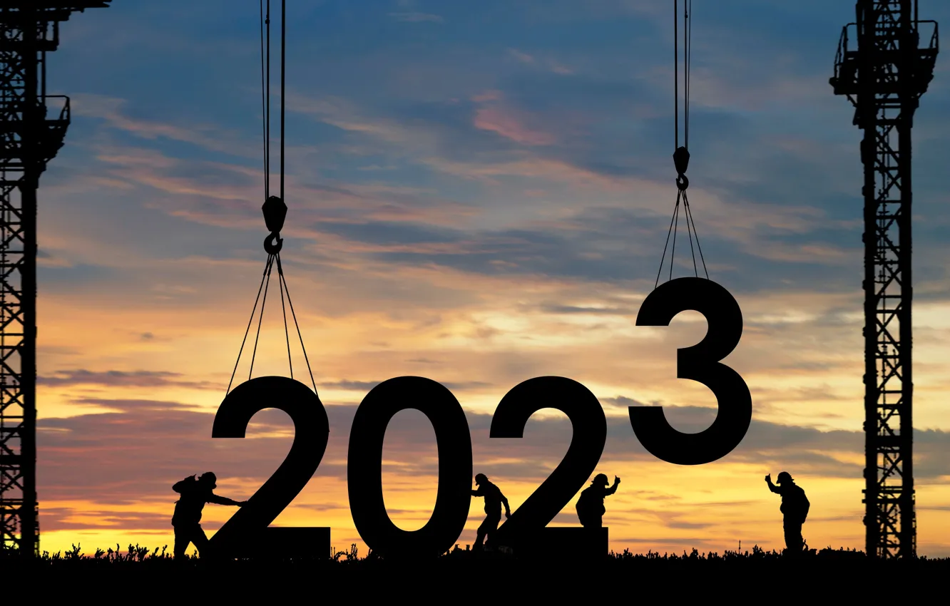 Фото обои Небо, Новый Год, Силуэты, Символ, New Year, Краны, Рабочие, 2023