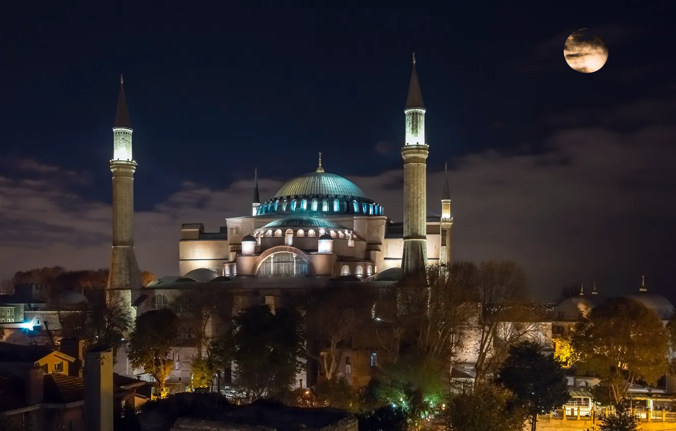 Фото обои ночь, огни, луна, башни, храм, мечеть, архитектура, купол