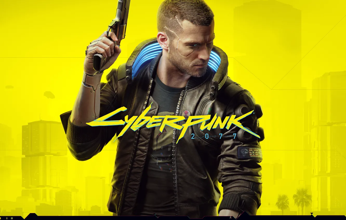 Фото обои желтый, стиль, пистолет, оружие, стрижка, куртка, киберпанк, персонаж