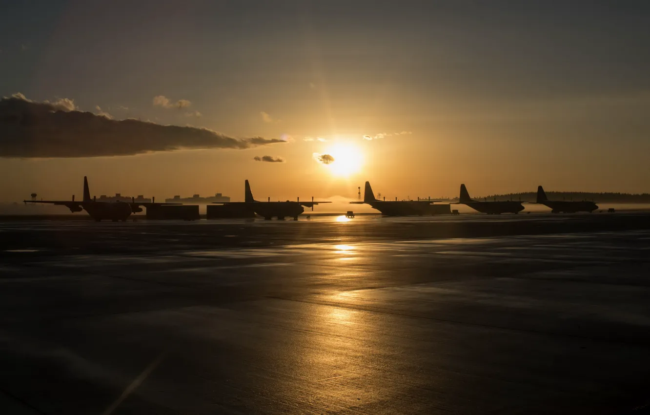 Фото обои закат, аэропорт, самолёты