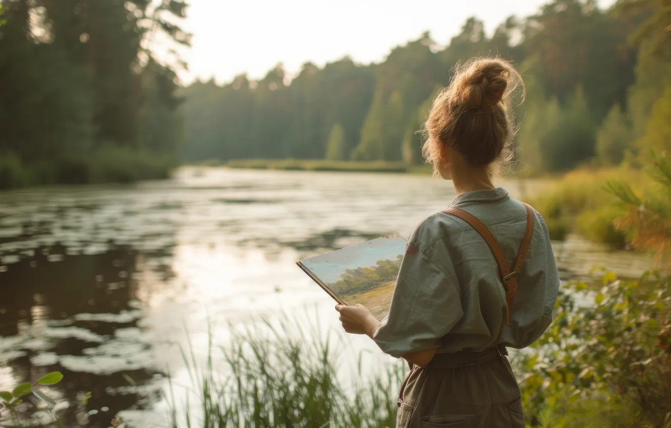 Фото обои лес, лето, девушка, поза, озеро, пруд, берег, картина