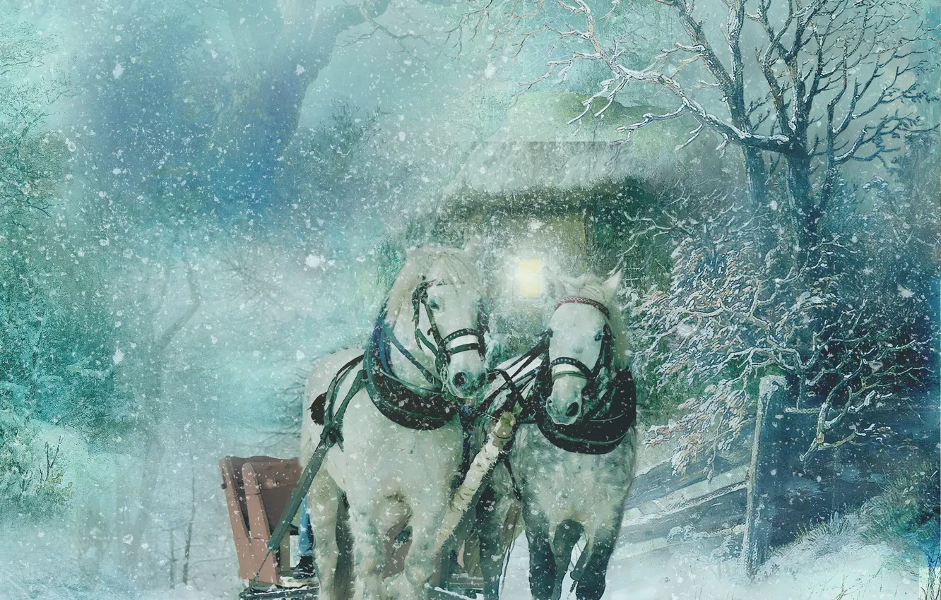 Фото обои зима, снег, деревья, рендеринг, конь, лошадь, сани, фотоарт