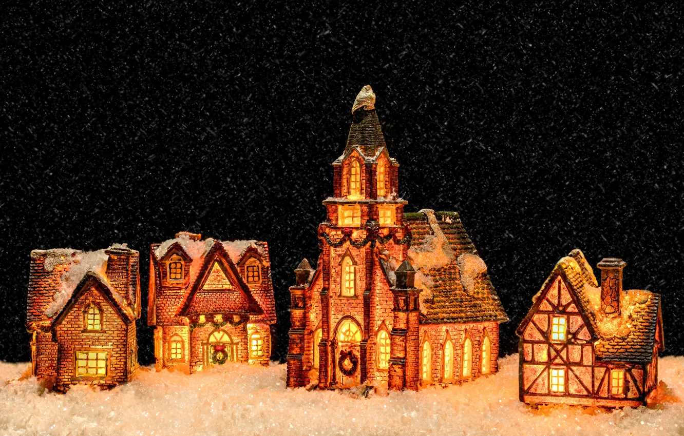 Фото обои зима, свет, снег, огни, уют, темный фон, замок, праздник