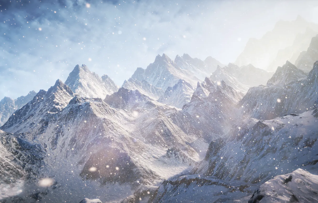 Фото обои свет, снег, горы, unreal engine 4