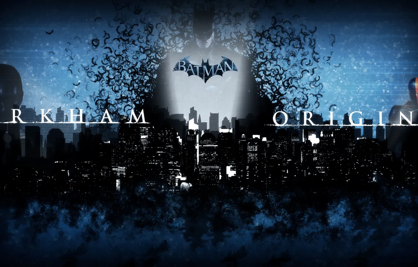 Фото обои Черный, Ночь, Город, Снег, Мыши, Batman, Batman: Arkham Origins, Летучие