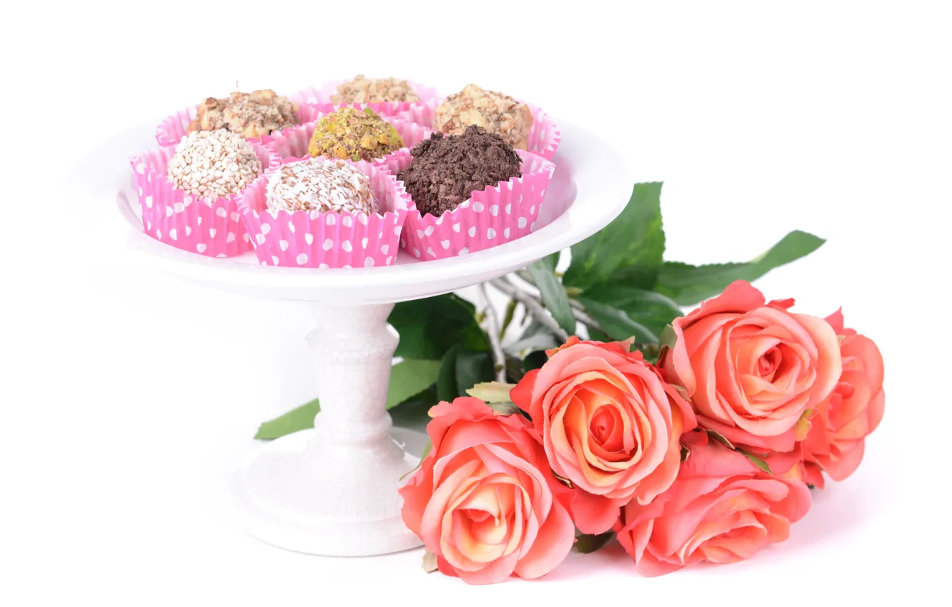 Фото обои цветы, шоколад, розы, конфеты, chocolate, roses