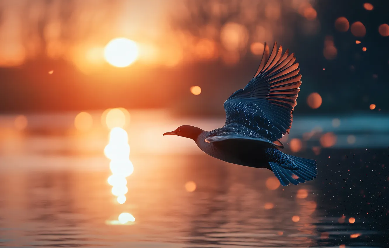 Фото обои солнце, лучи, свет, полет, закат, рассвет, птица, водоем