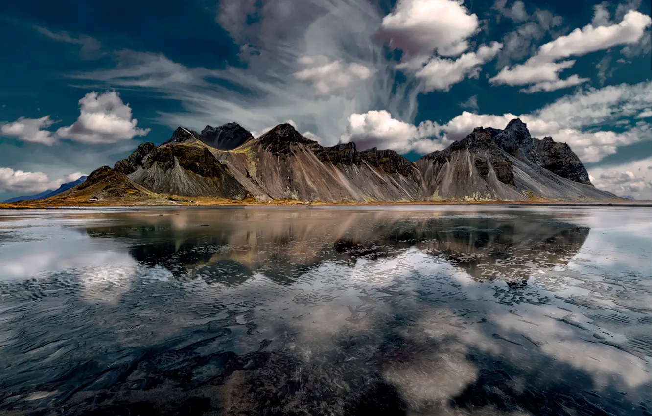 Фото обои облака, горы, залив, Исландия, Iceland, Vestrahorn, Stokksnes