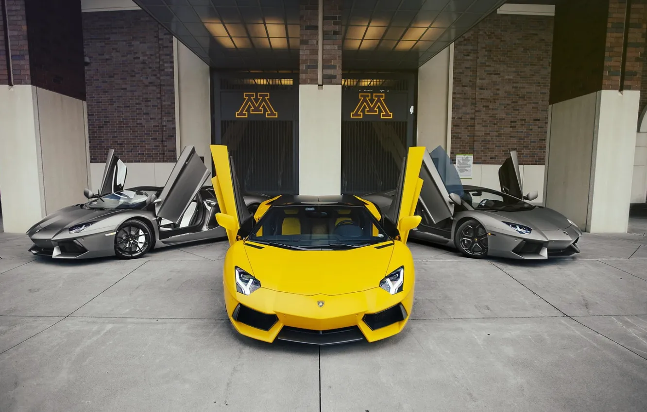Фото обои Lamborghini, Yellow, Trio, LP700-4, Aventador, Supercars, Gray
