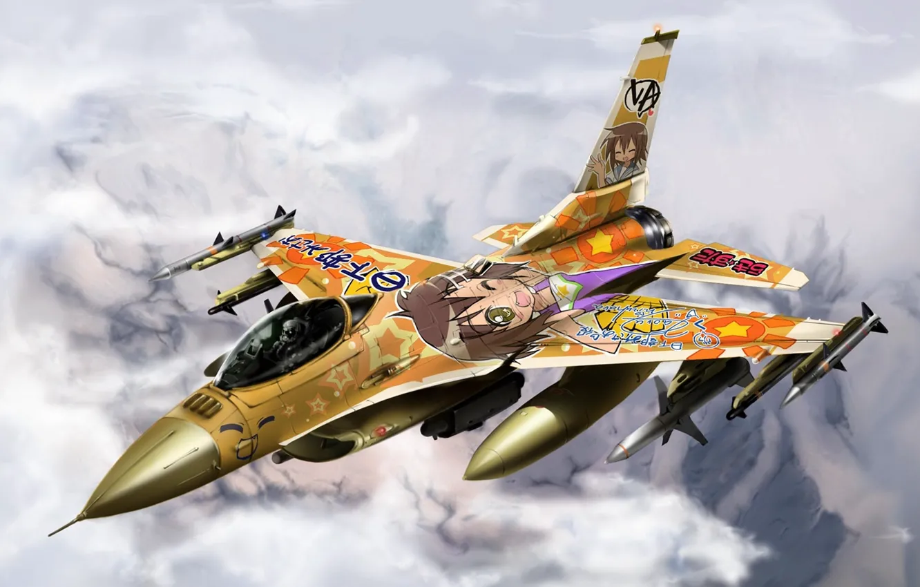 Фото обои истребитель, F-16, Коната Идзуми, lucky star, Fighting Falcon