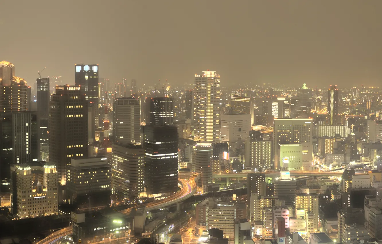 Фото обои Небо, Дорога, Огни, Ночь, Город, Япония, Панорама, Движение