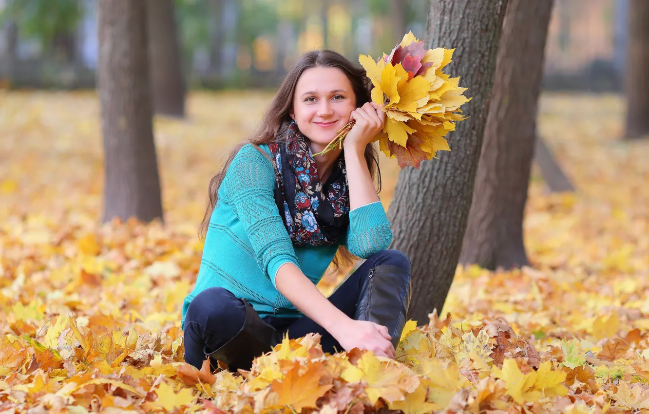 Фото обои осень, листья, девушка, парк