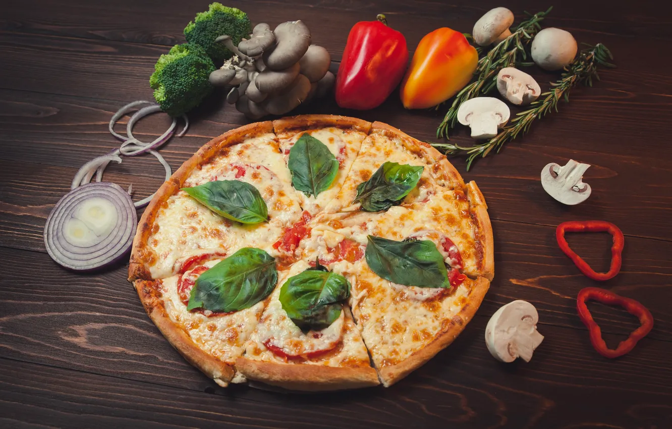 Фото обои зелень, грибы, лук, перец, пицца