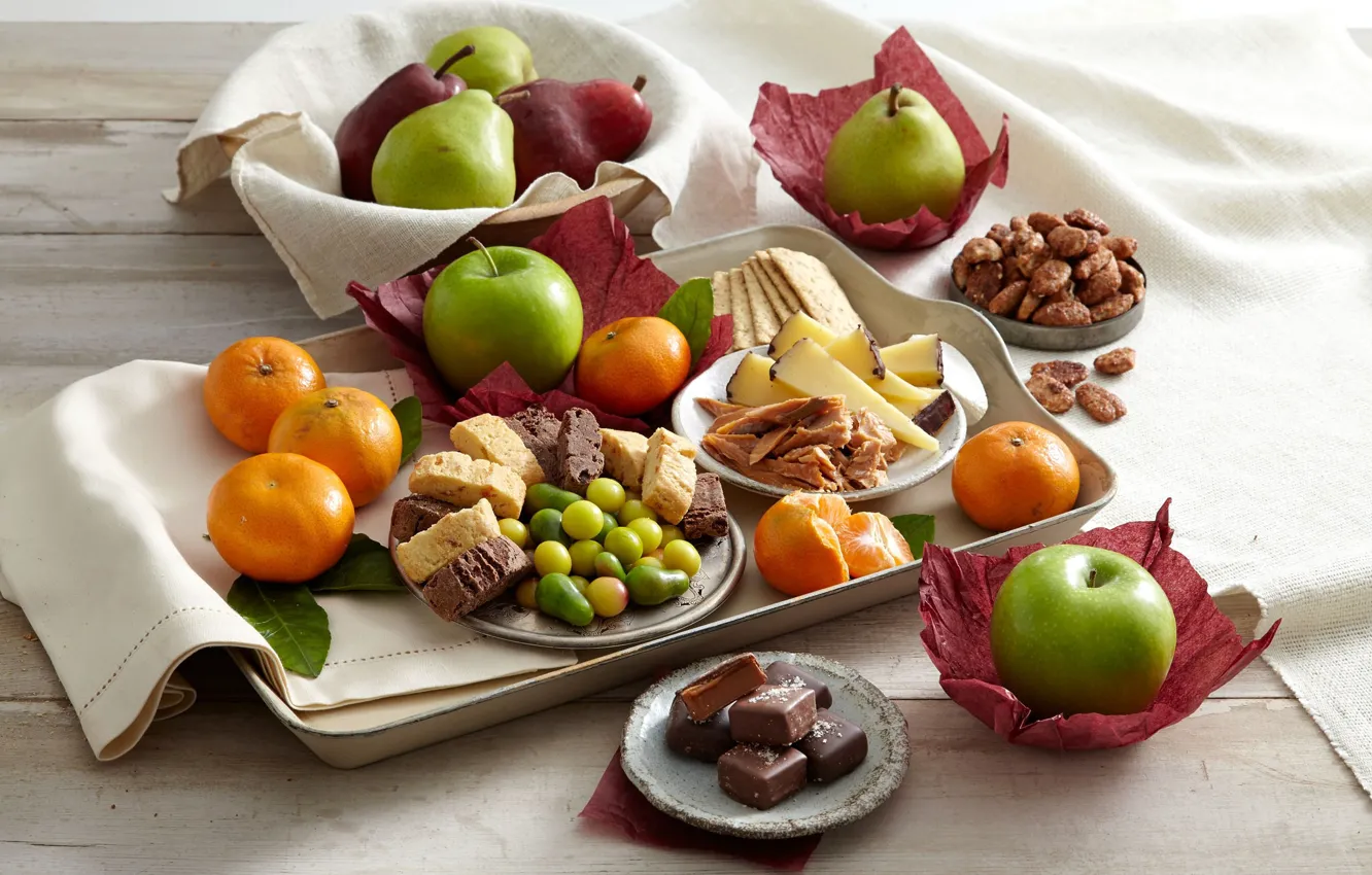Фото обои яблоки, шоколад, сыр, печенье, конфеты, сладости, фрукты, груши