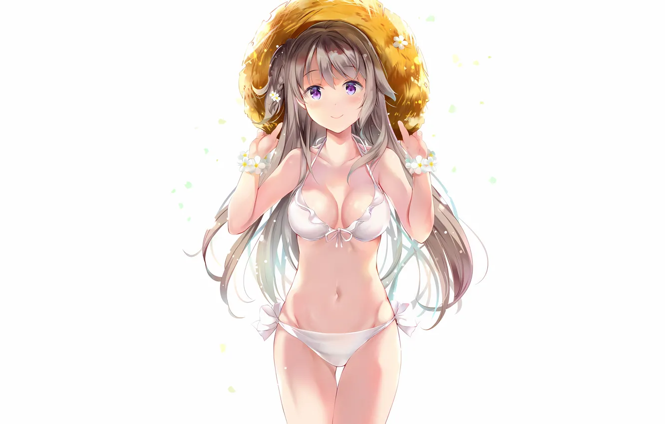 Фото обои girl, sexy, cleavage, long hair, brown hair, boobs, anime, flowers