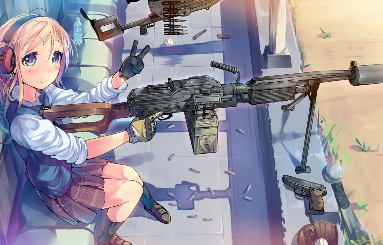 Фото обои вода, девушка, пистолет, оружие, бутылка, аниме, наушники, арт