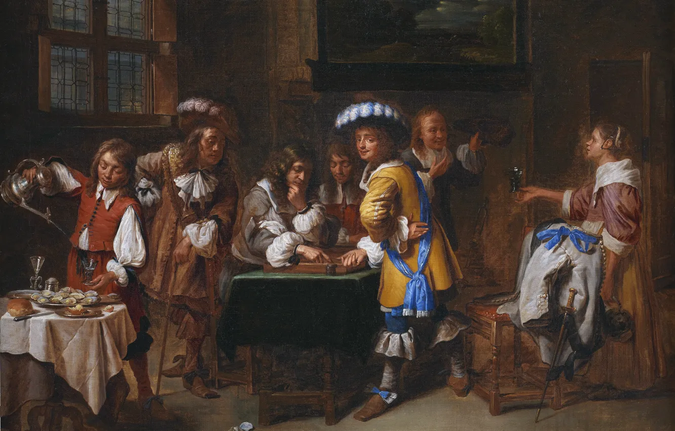 Фото обои Игра, Картина, Женщина, Мужчины, Charles Emmanuel Biset, Шарль Эммануил Бисе, Игроки в триктрак, Фламандский живописец
