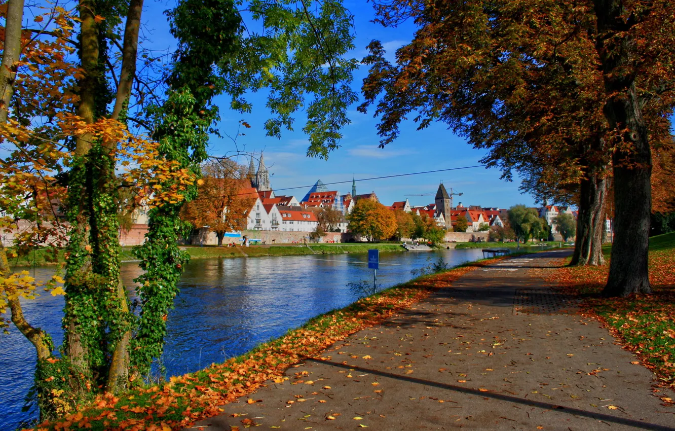 Фото обои дорога, деревья, город, река, Германия, Бавария, Ной-Ульм