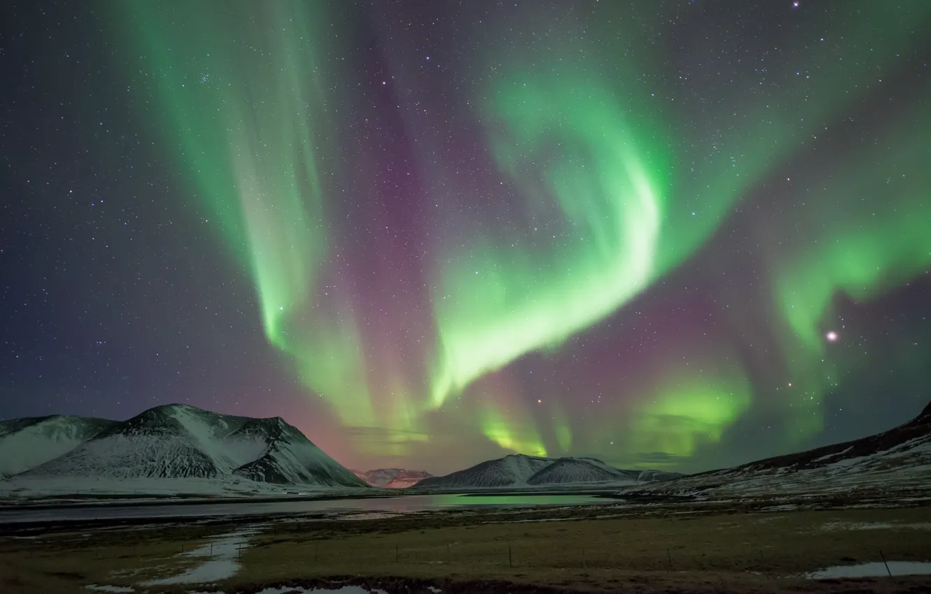 Фото обои звезды, горы, ночь, весна, северное сияние, Исландия, Март, By Conor MacNeill