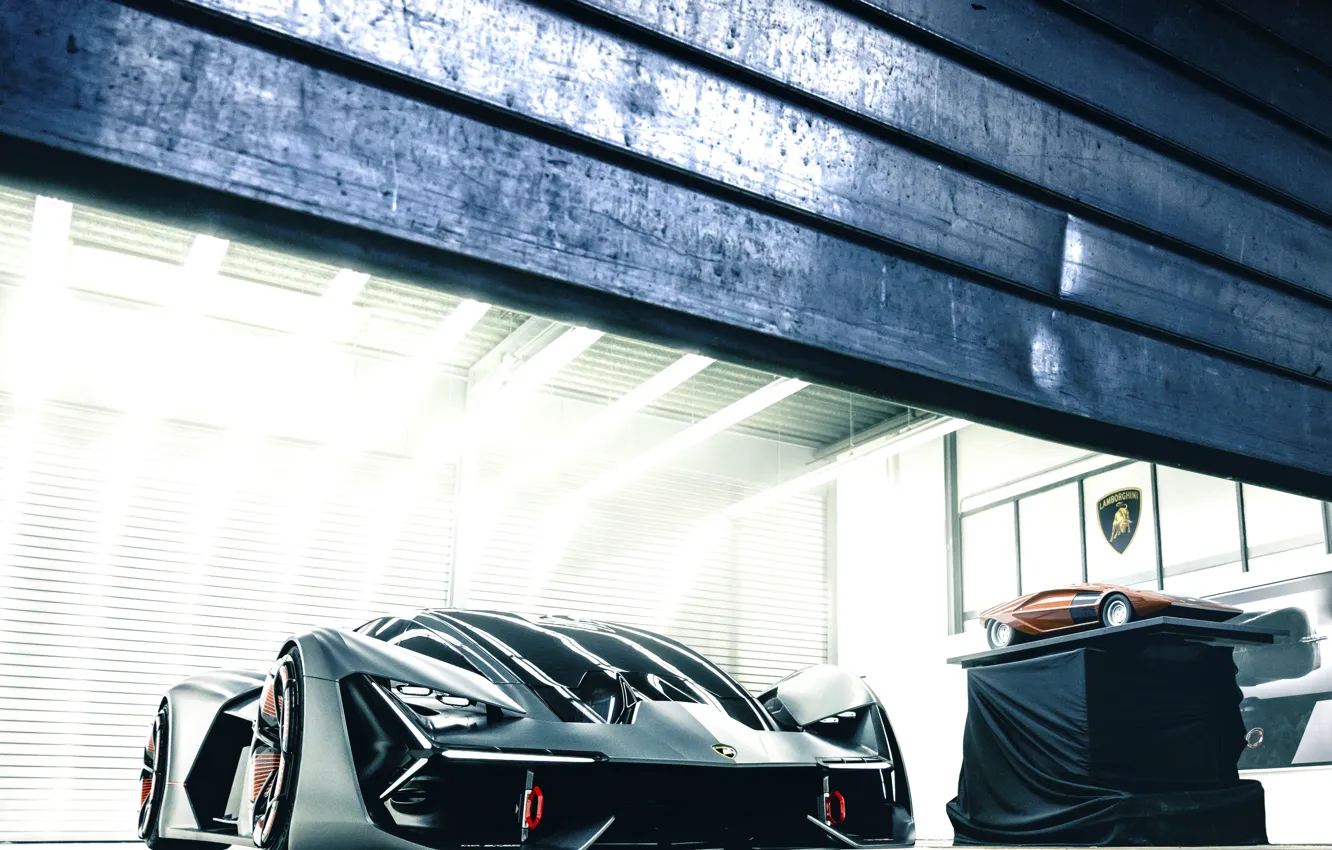 Фото обои свет, Lamborghini, ворота, 2017, Terzo Millennio Concept, масштабная модель