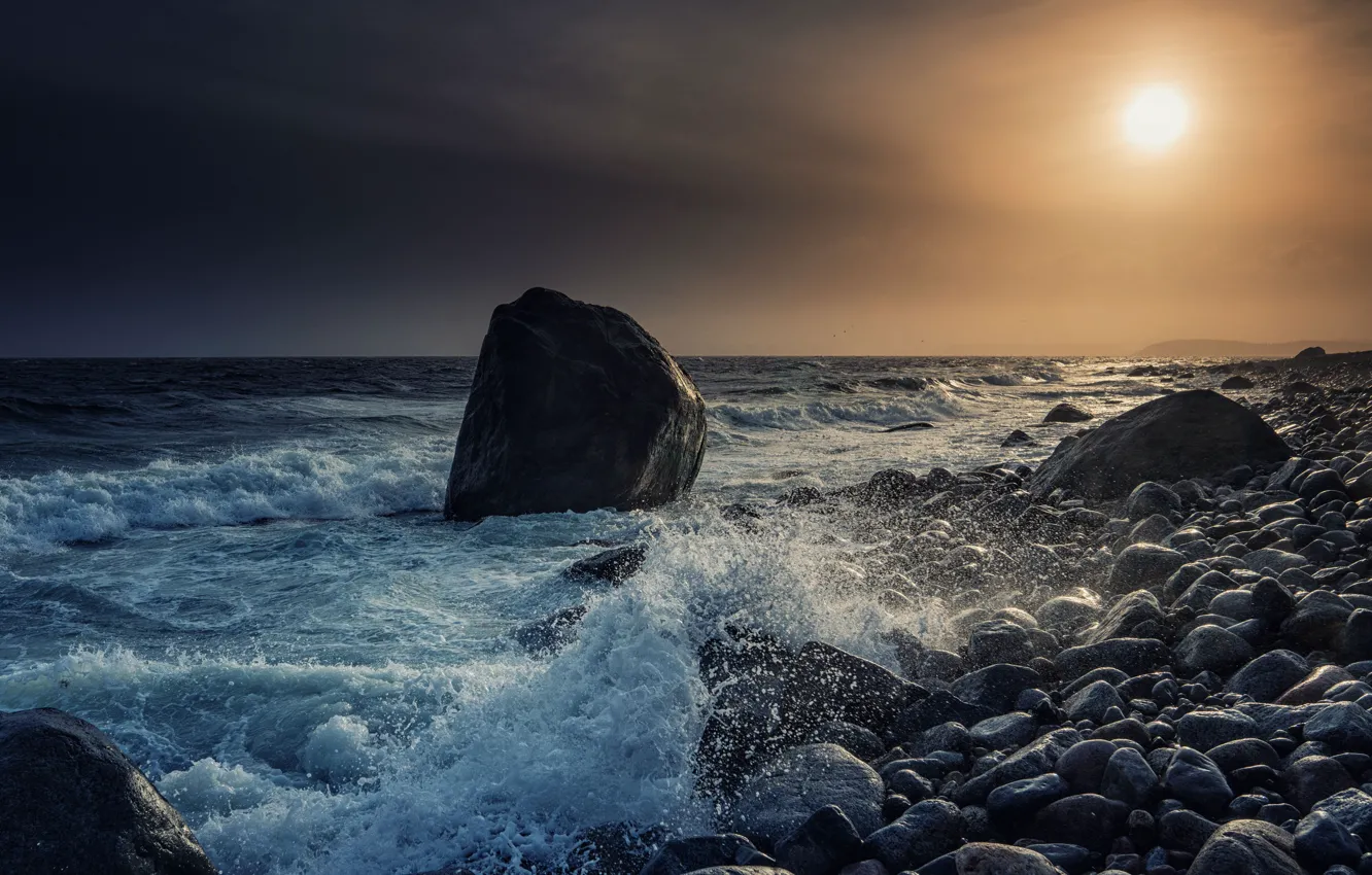 Фото обои море, закат, камни, побережье, Норвегия, Norway, Mølen, Пролив Скагеррак