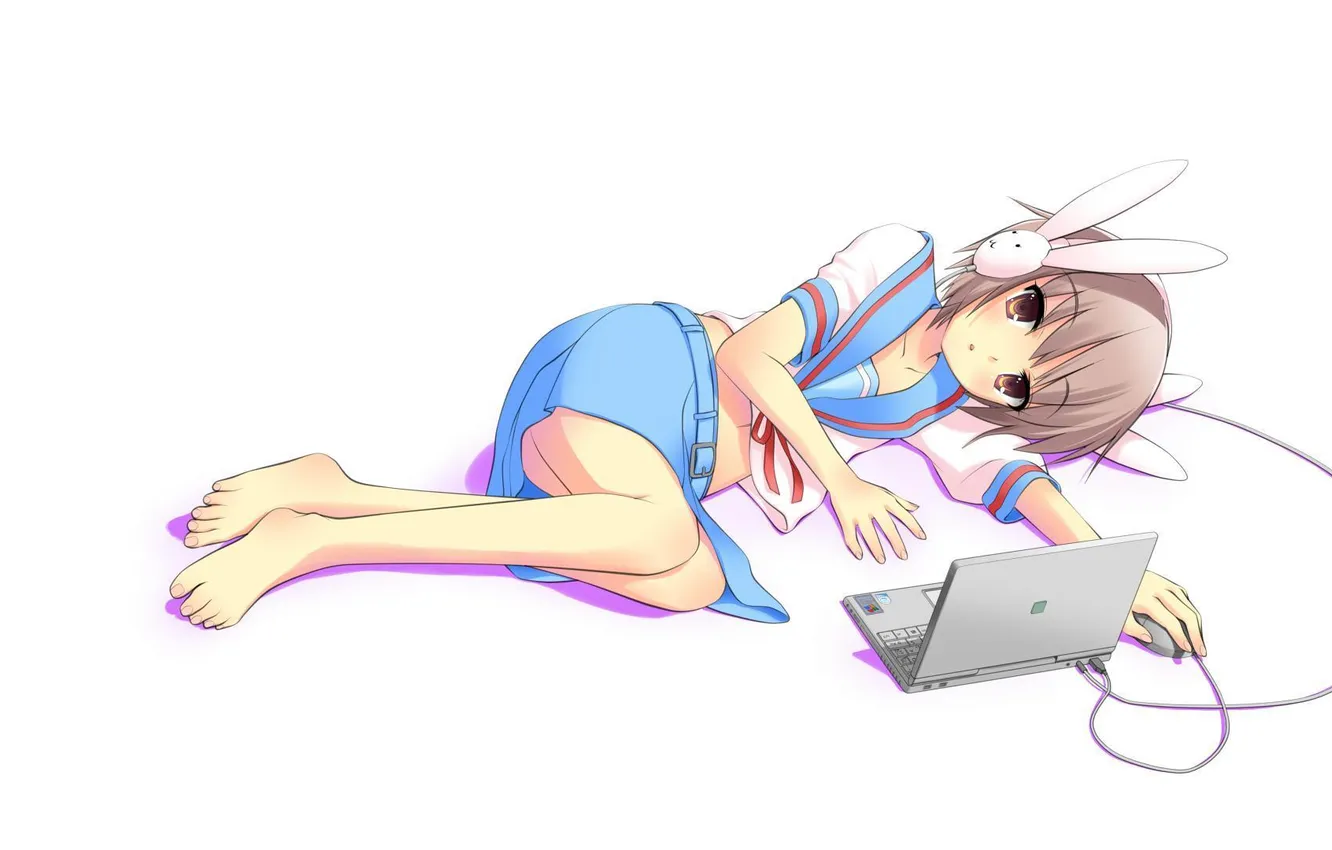 Фото обои настроение, аниме, наушники, девочка, ноутбук, nagato yuki