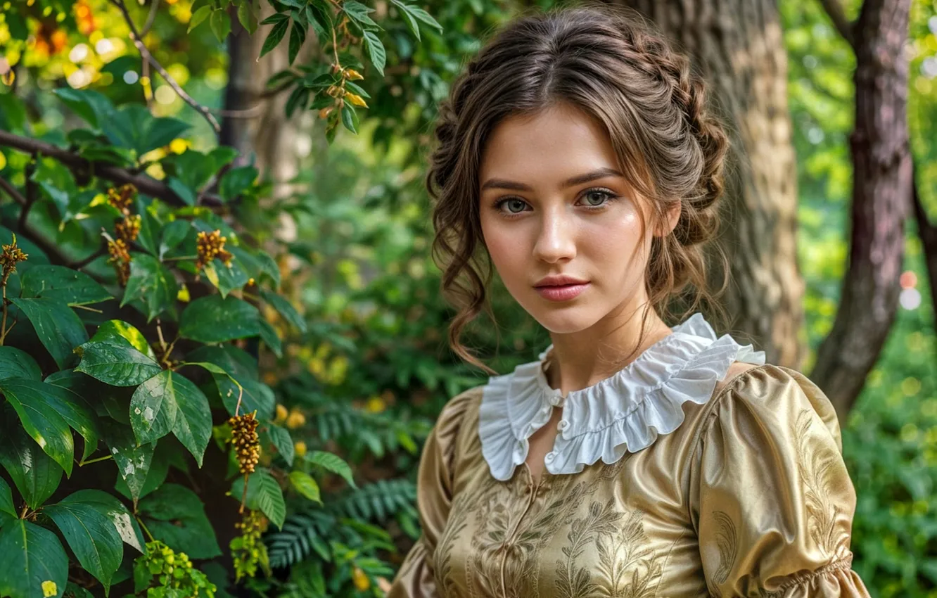 Фото обои лес, взгляд, девушка, платье, шатенка, нейросеть