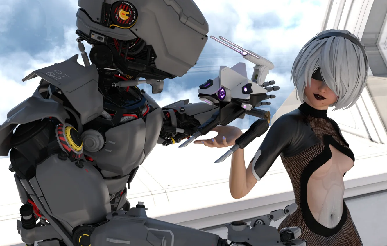 Фото обои робот, Девушка, арт, киборг, Nier Automata