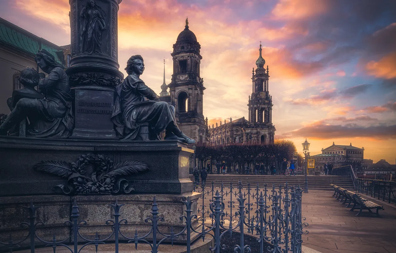Фото обои закат, башня, ограда, Германия, Дрезден, памятник, церковь, собор