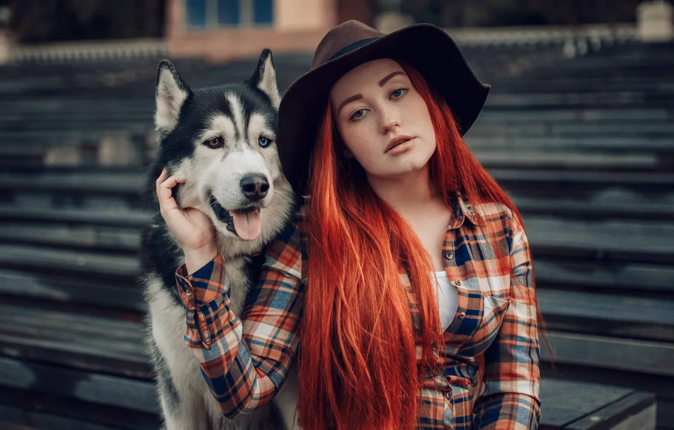 Фото обои взгляд, девушка, собака, шляпа, рыжая, рыжеволосая, длинные волосы, хаски