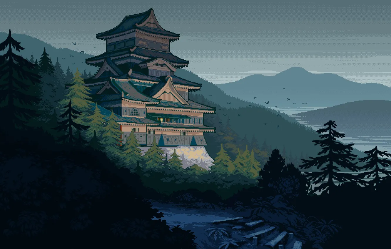 Фото обои горы, птицы, река, замок, Япония, ступени, серое небо, феодальная